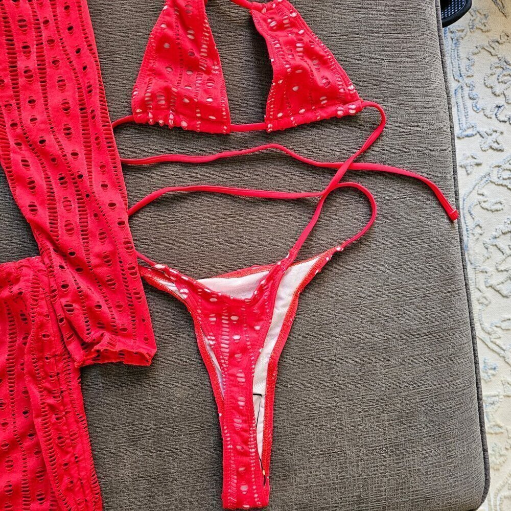 Red Sexy 4 Piece Triangle Bikini Top Thong Bottom Cover Up And Wrap Size Large - Picture 11 of 15